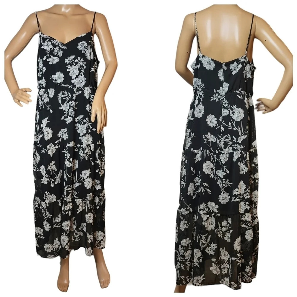 J. Crew midi dress. Ruffle hem. Black white floral. Size 12P - Picture 1 of 15